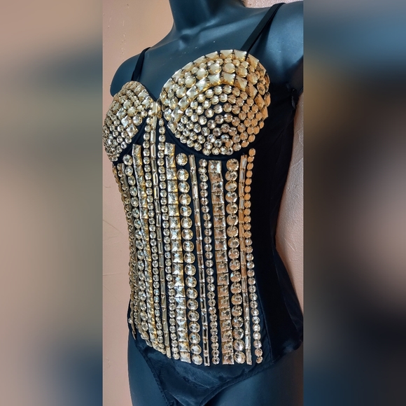Lydia USA black corset bodysuit with gold bead embelishments. - Picture 2 of 8